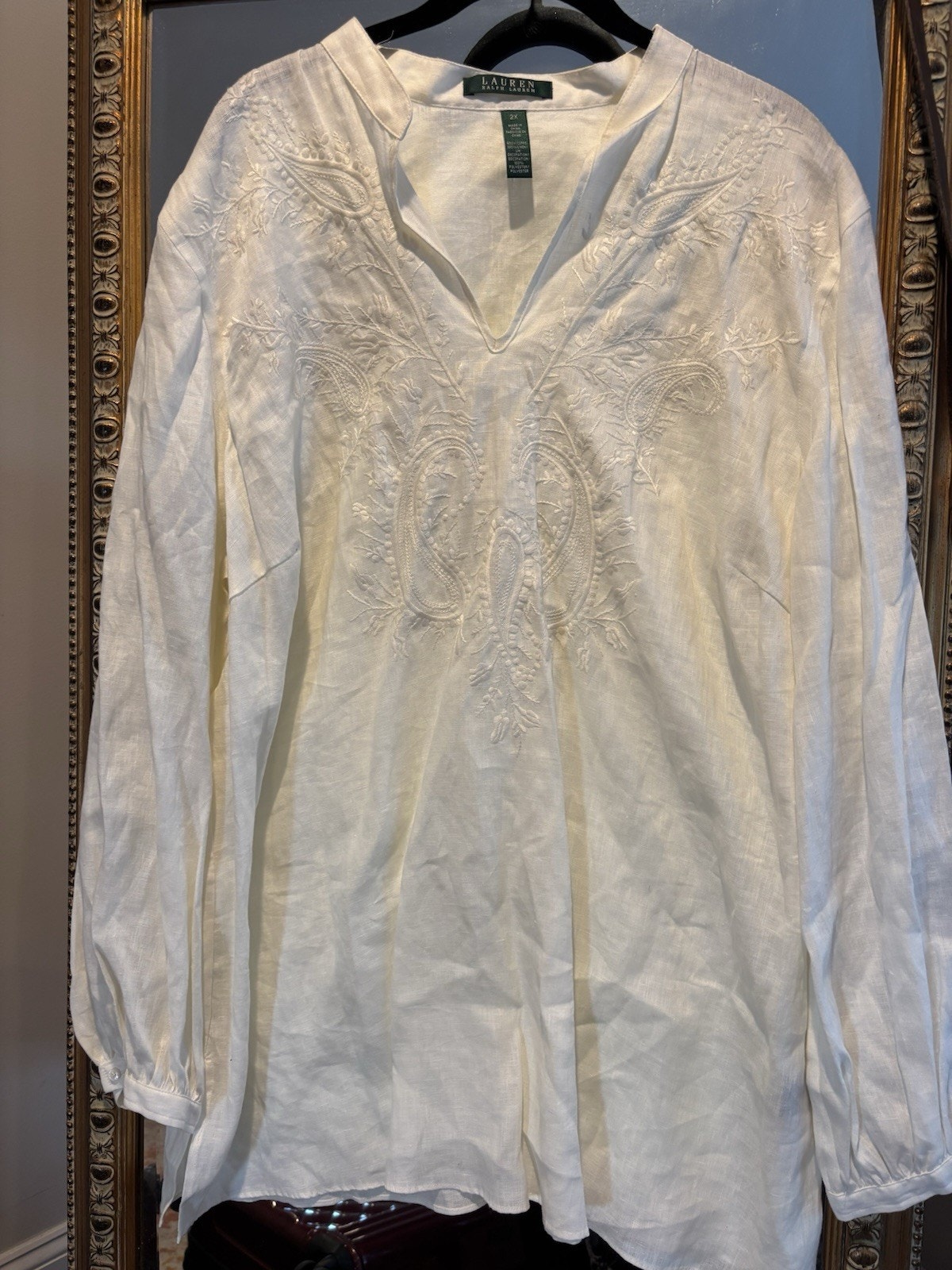 Lauren Ralph Lauren Shirt Womens 2x White Linen Embroidered Tunic Top Boho